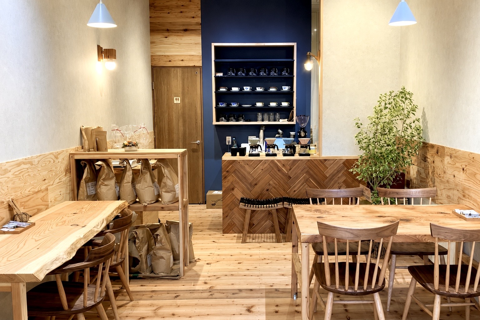 大きな植物とドリッパーの向こうに木のテーブルが並ぶ、かおゆた珈琲焙煎所の店内