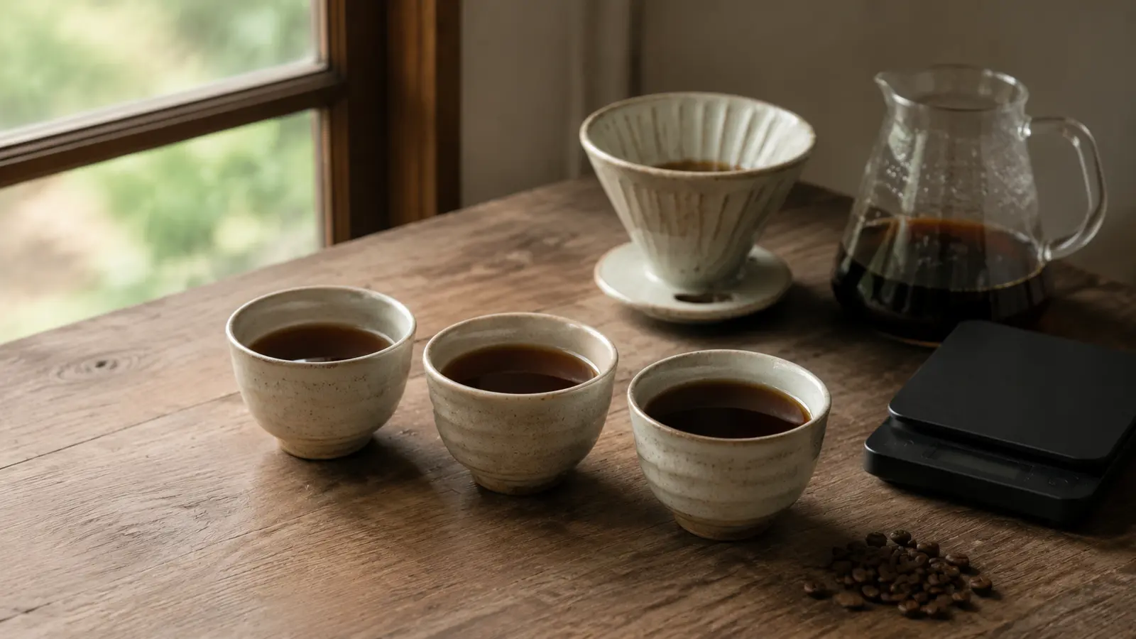 豆に対するお湯の倍率を変え、三杯のコーヒーを飲み比べる様子