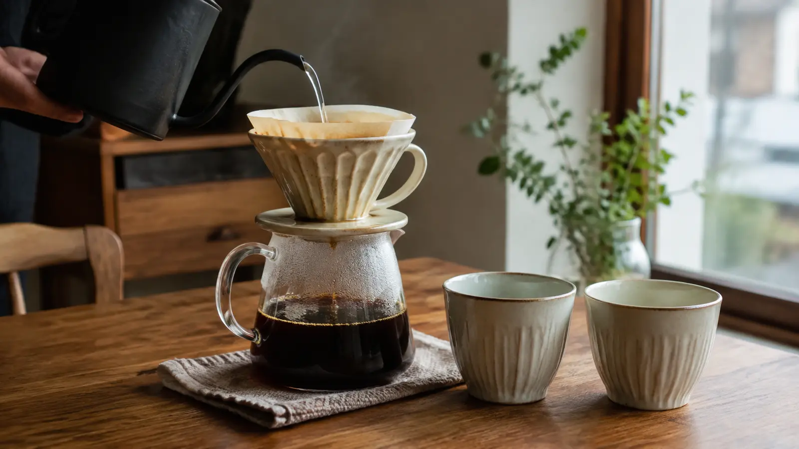 二杯分のコーヒーを大きめのサーバーへ抽出する様子