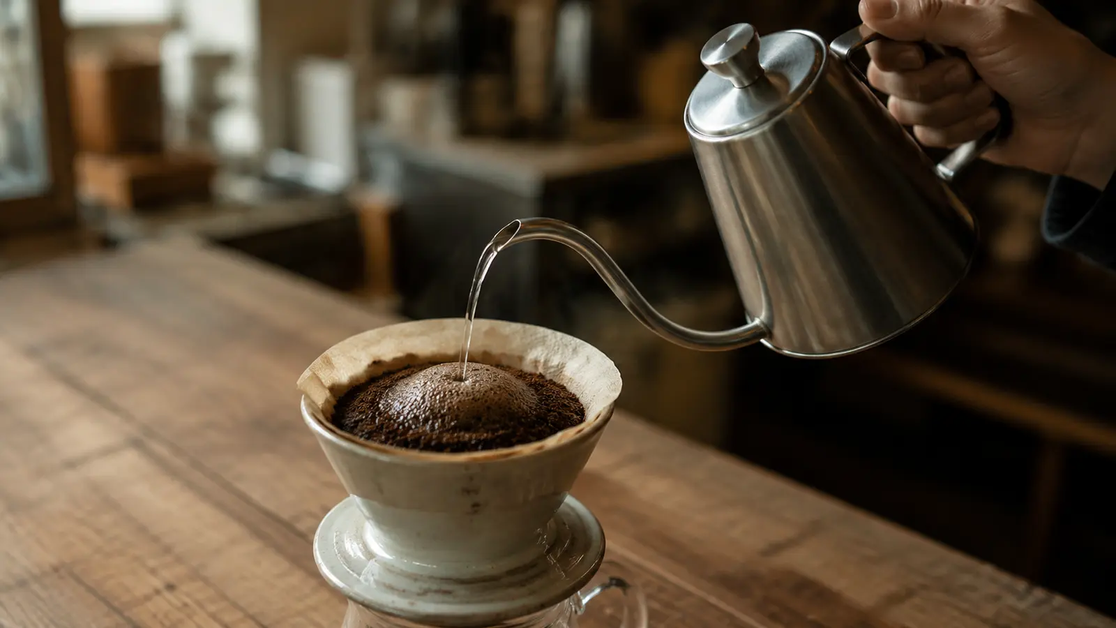 最初の少量のお湯を注ぎ、コーヒーの粉を蒸らしている様子