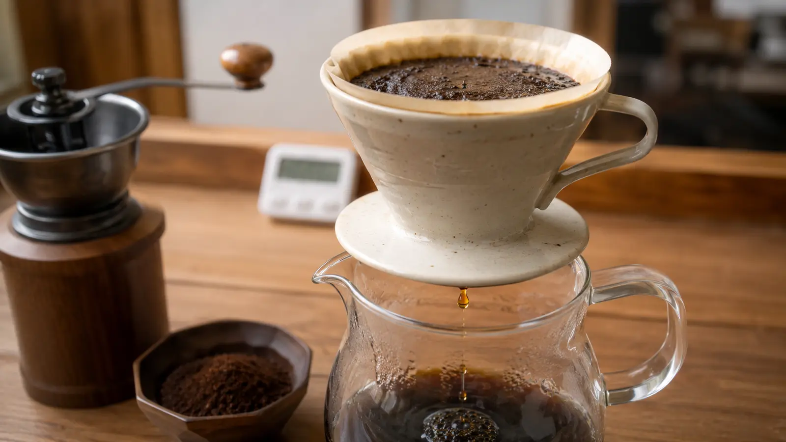 細かいコーヒー粉から一滴ずつゆっくり落ちる様子