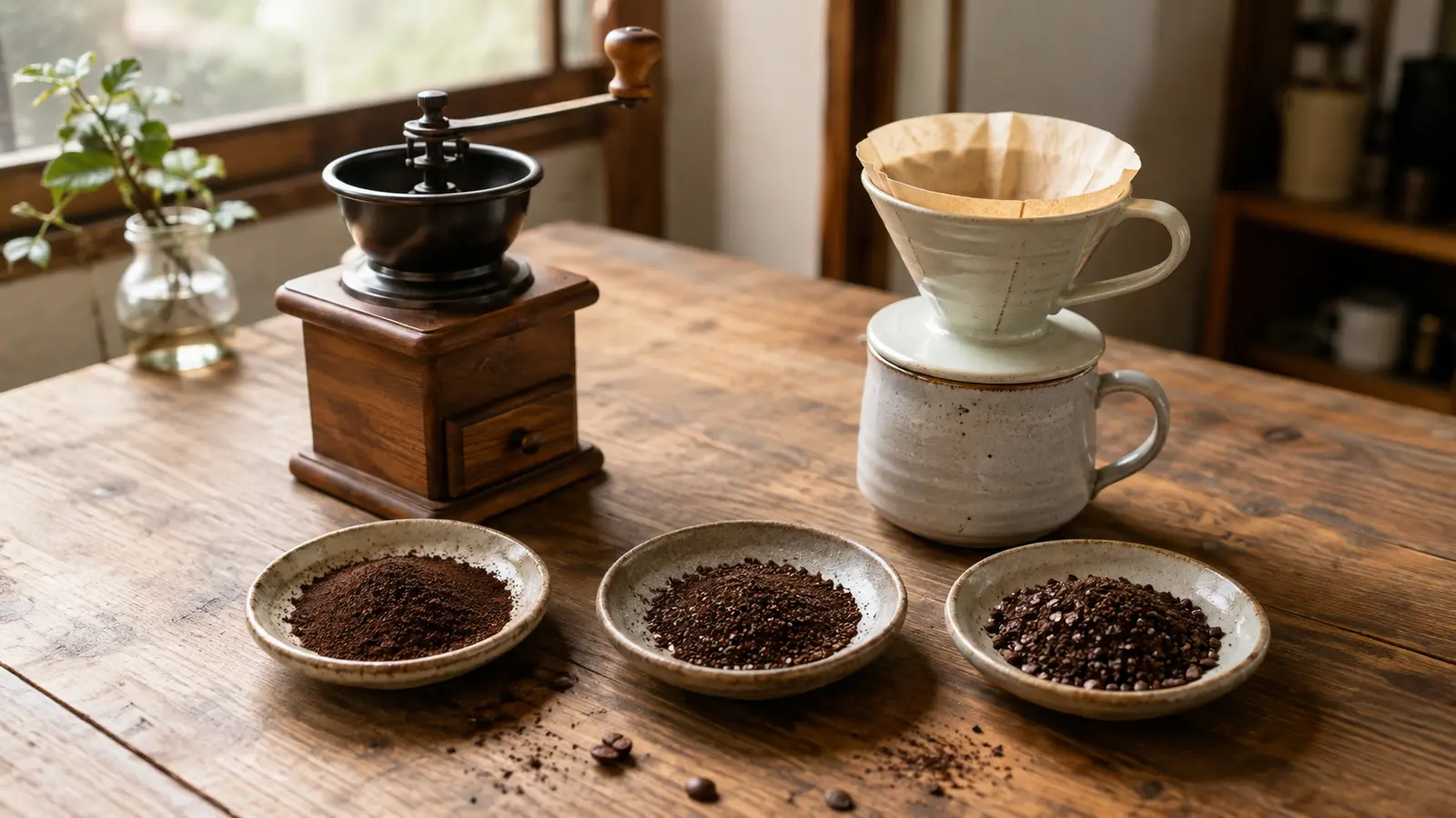 手挽きミルと、細挽き・中挽き・粗挽きのコーヒー粉