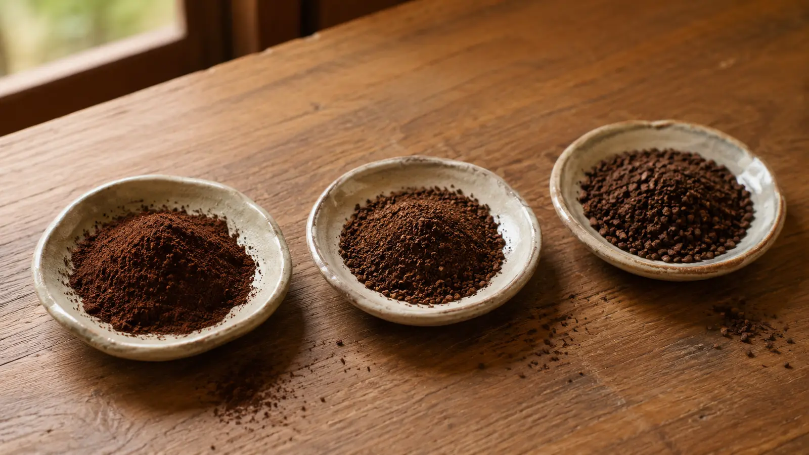 粒度の違う細挽き・中挽き・粗挽きのコーヒー粉