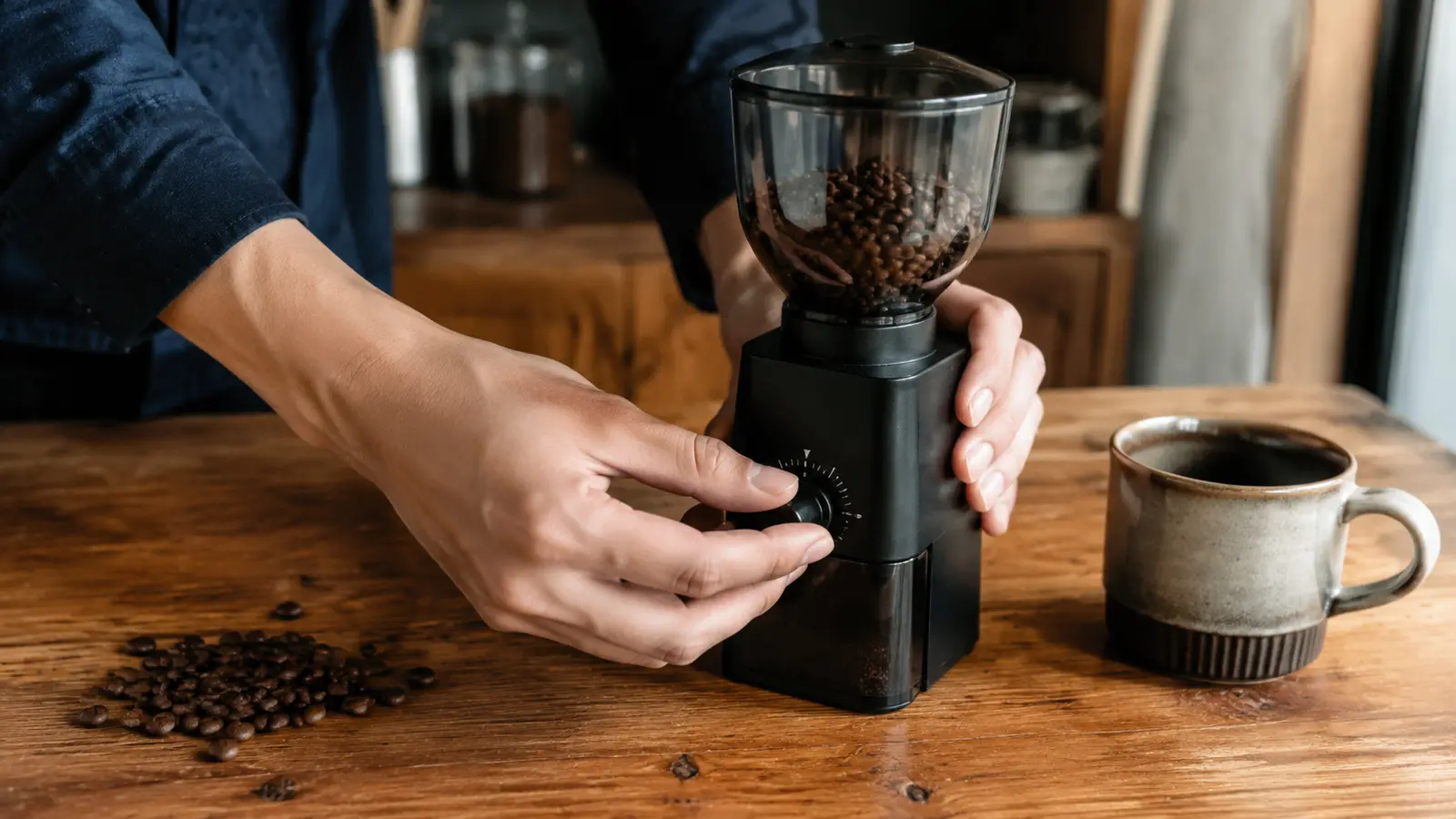 コーヒーミルの挽き目を一段階調整する手元