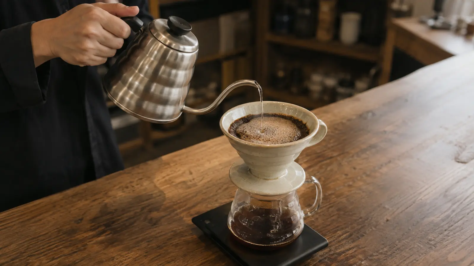 コーヒー粉の中心からお湯を注ぎ、三回に分けて抽出する様子