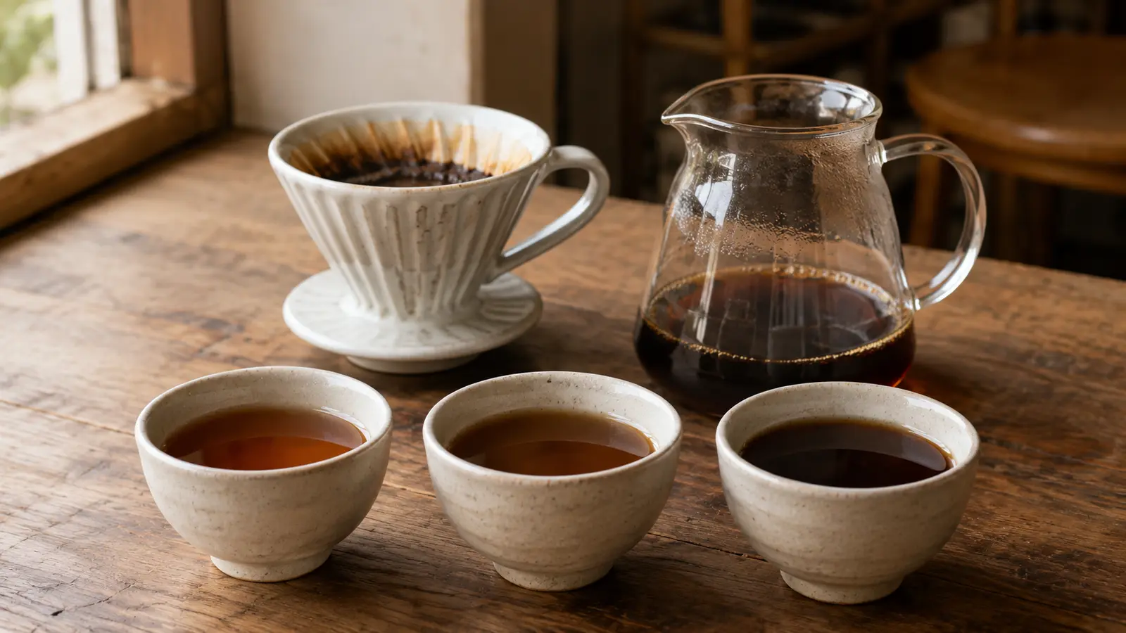 注ぐ回数を変えた三杯のコーヒーを飲み比べる準備
