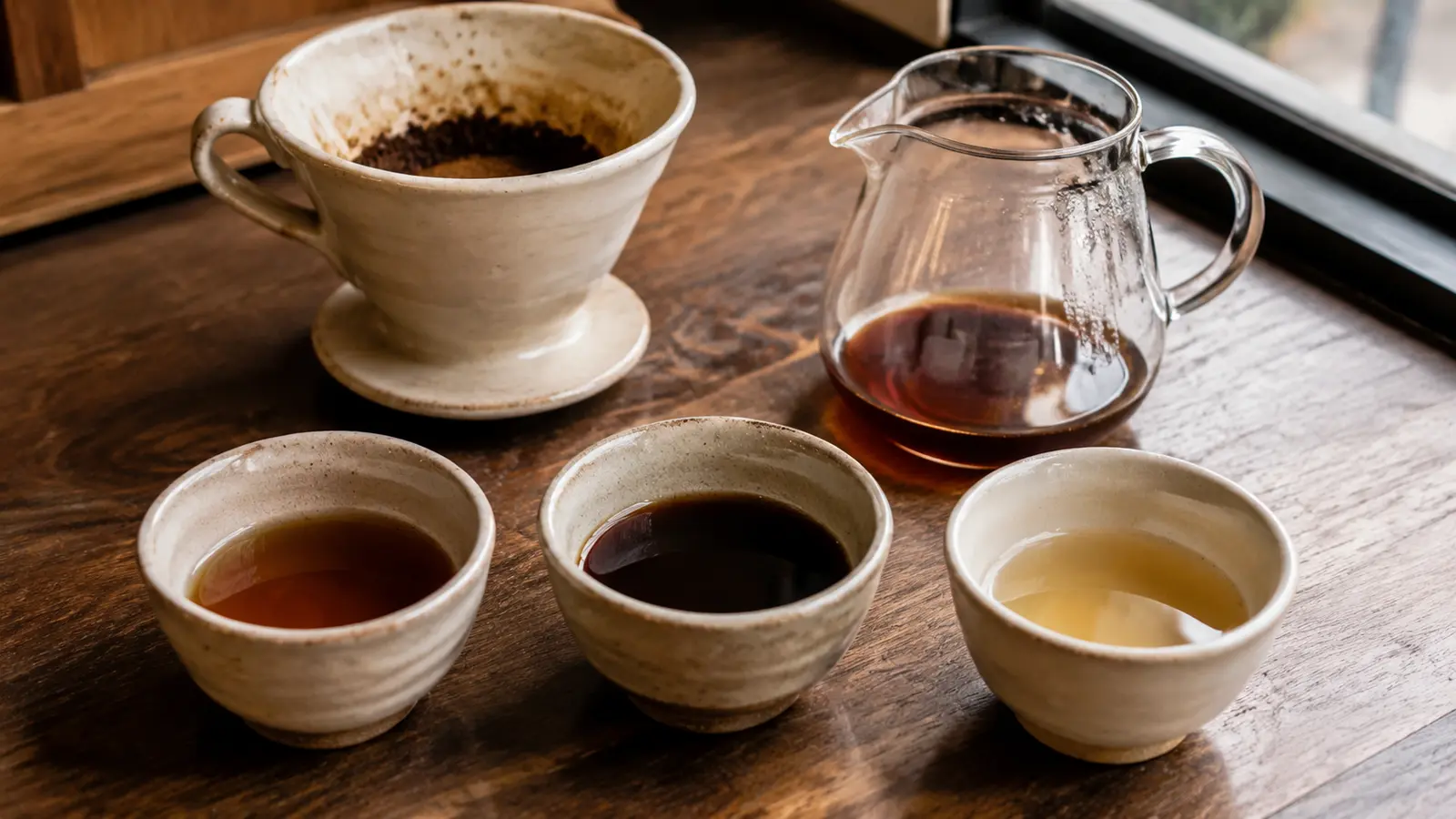 一投目、二投目、三投目のコーヒーを別々に飲み比べる様子