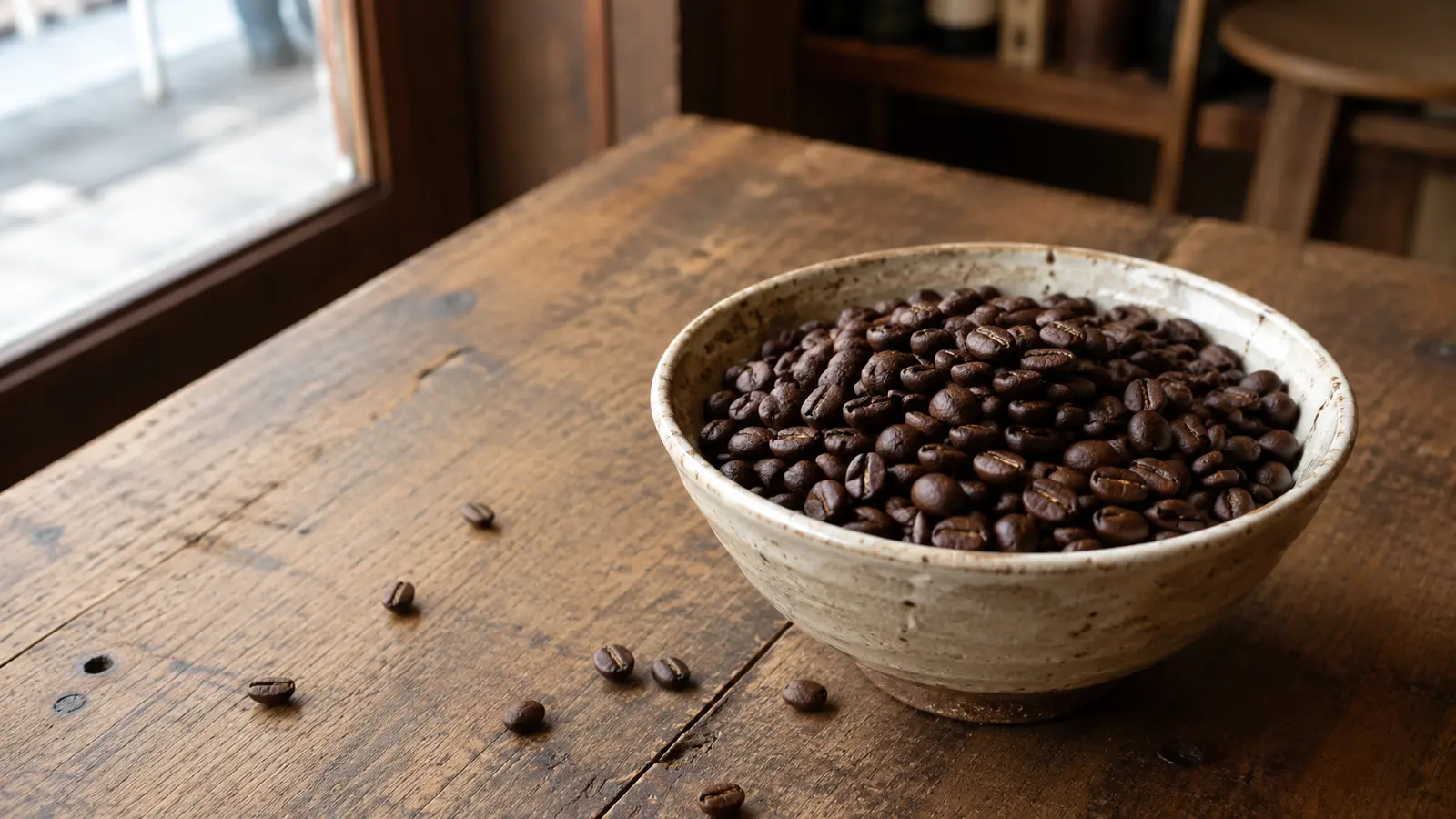 つやを抑えた深い色合いの深煎りコーヒー豆