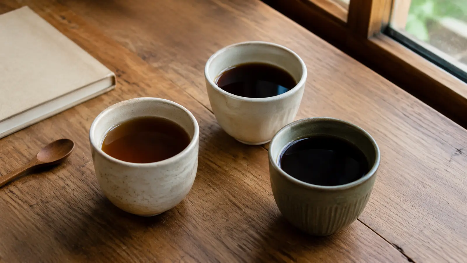 濃さの違う三杯のコーヒーを飲み比べる様子