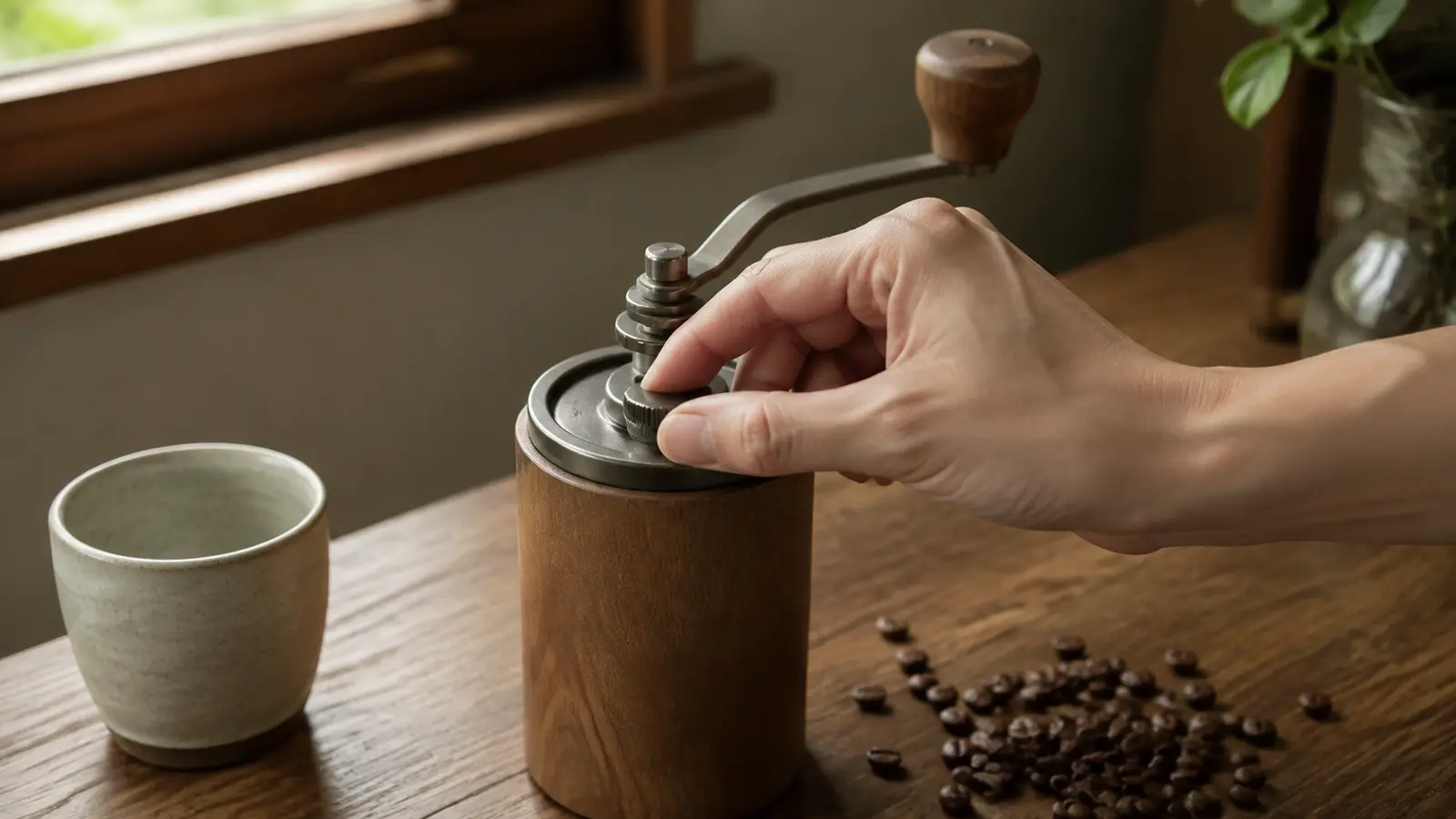 コーヒーミルの挽き目を一段階だけ調整する手元