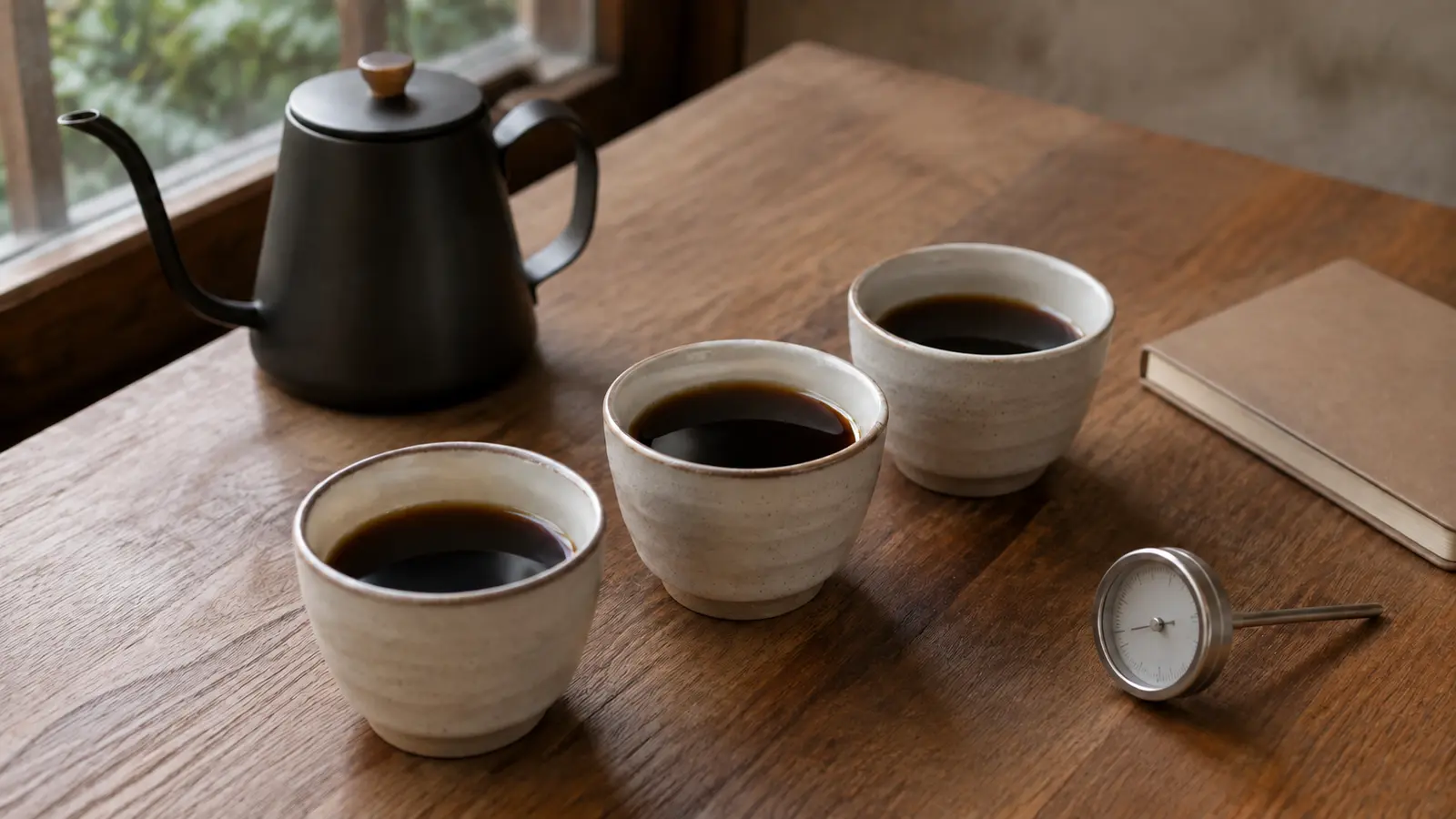 お湯の温度を変えて三杯のコーヒーを飲み比べる様子