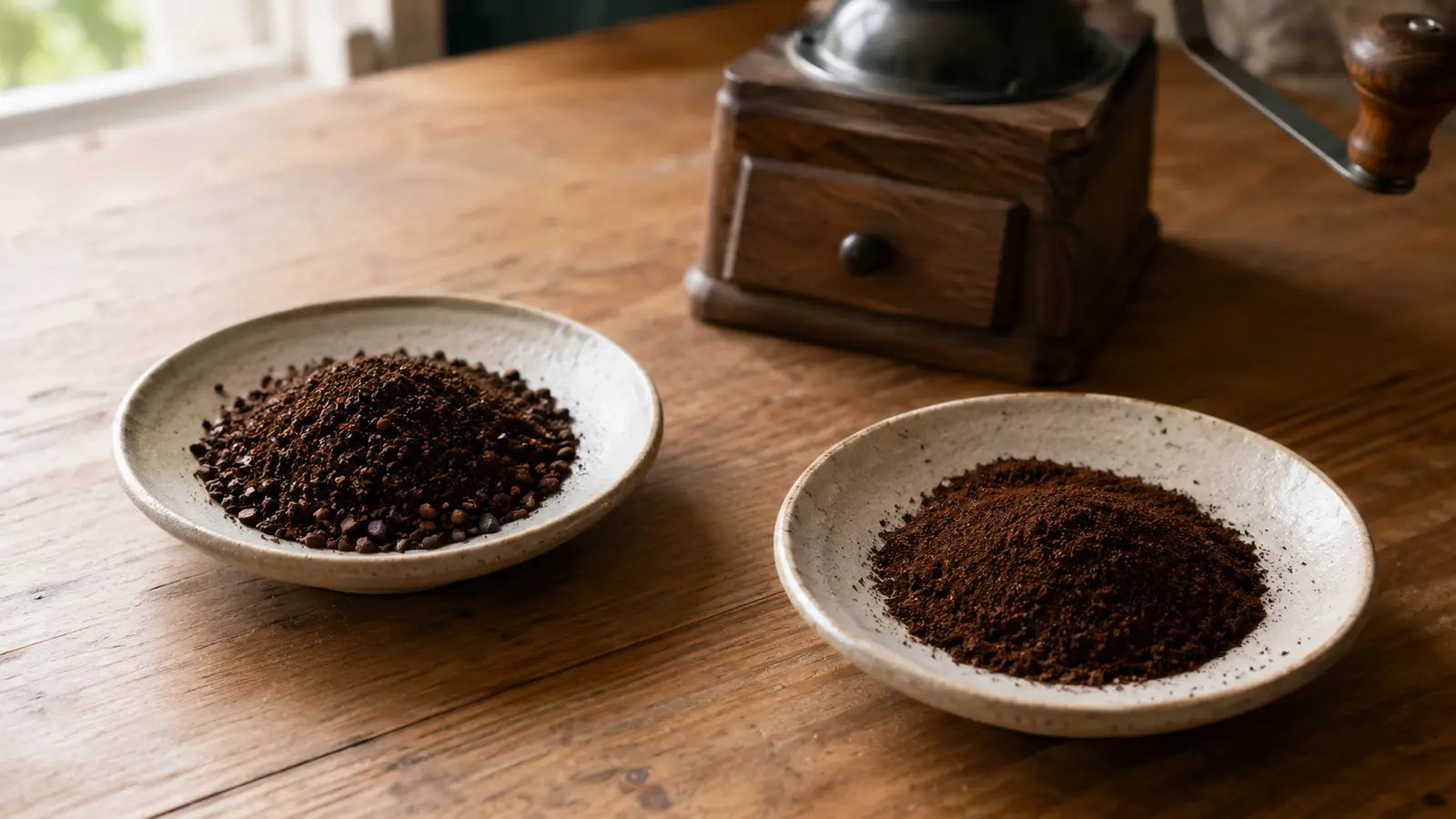 粗挽きと細挽きのコーヒー粉を見比べる様子