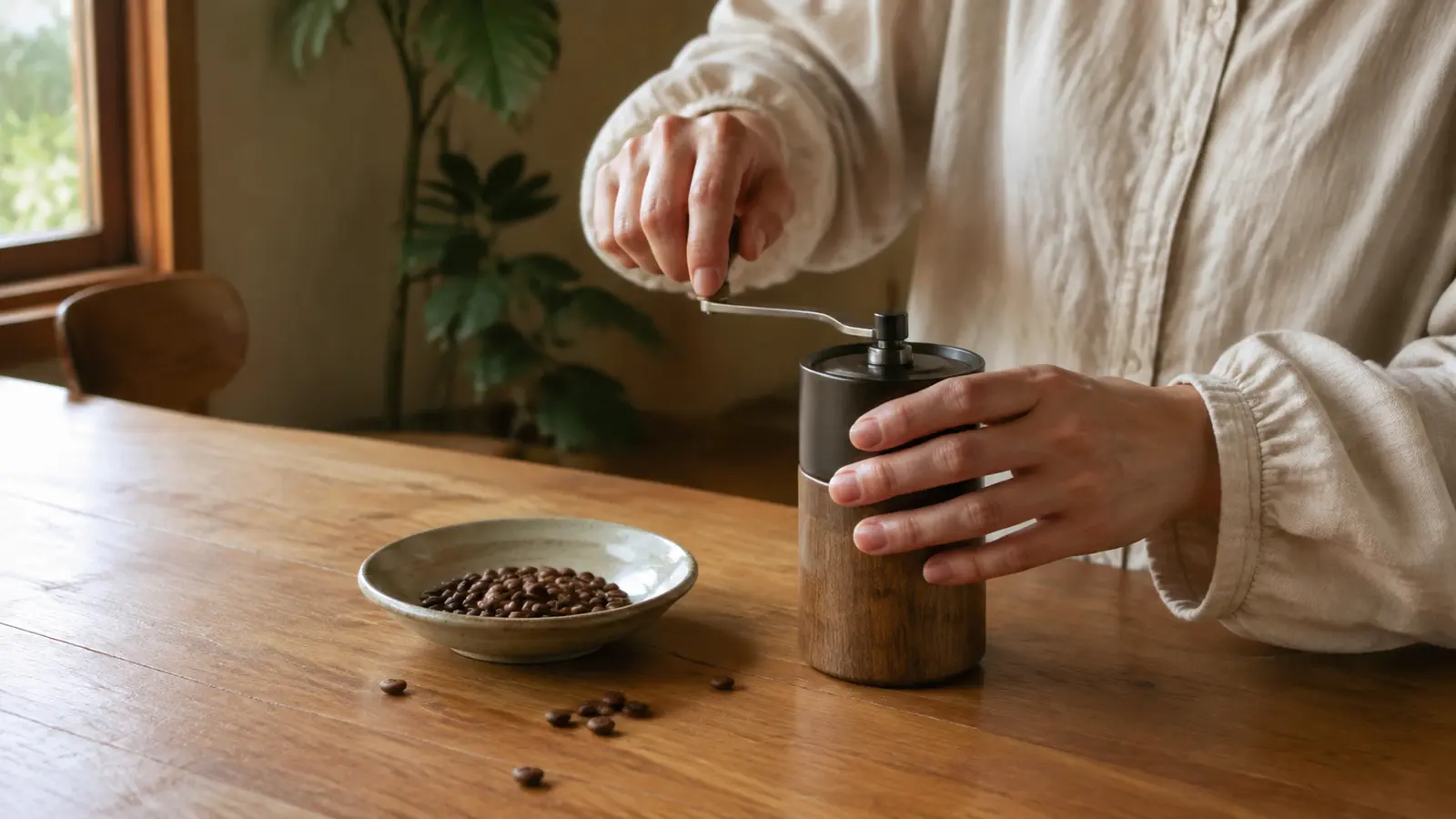 手挽きミルでゆっくりコーヒー豆を挽く様子