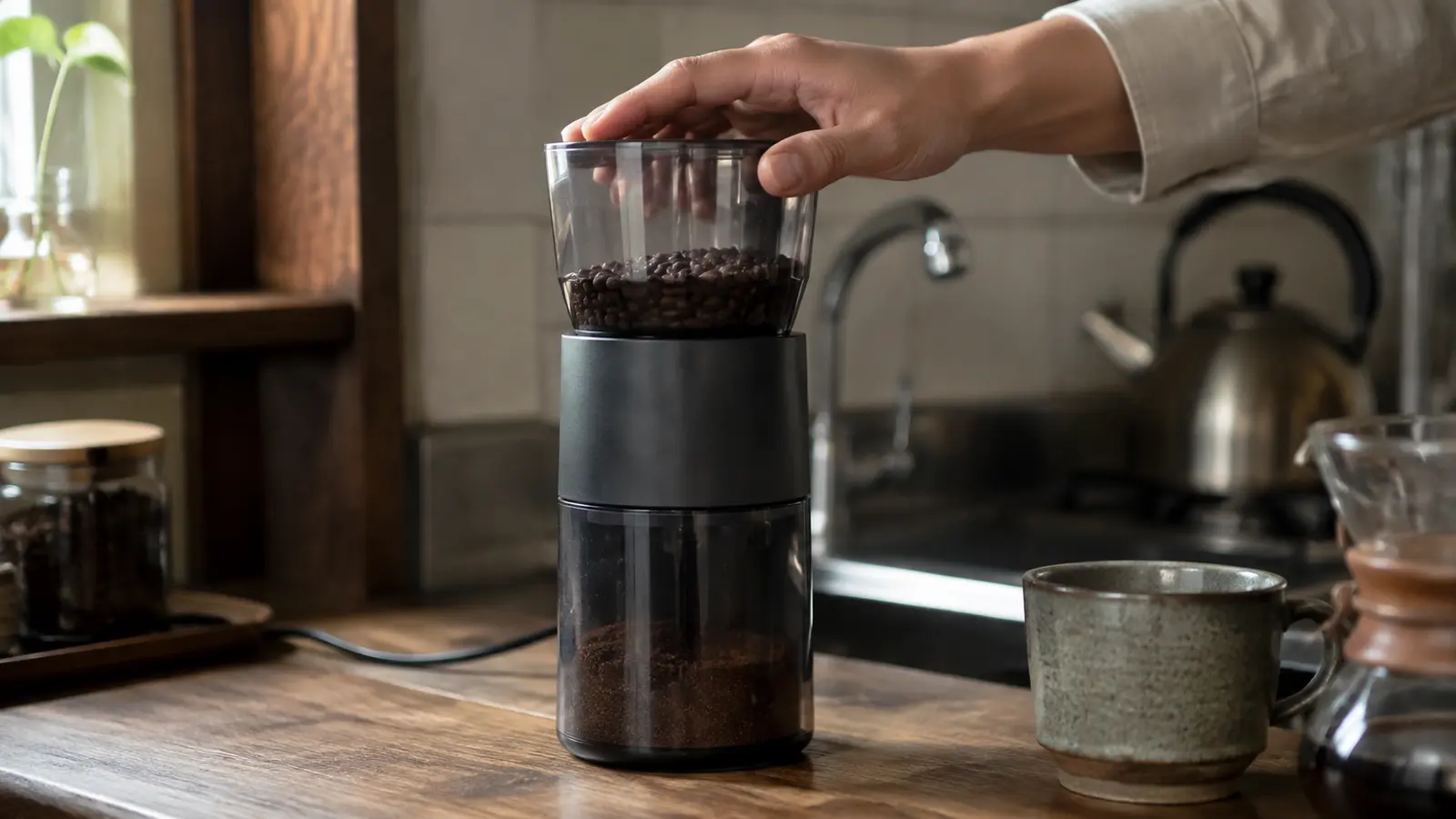 家庭で電動ミルを使ってコーヒー豆を挽く様子