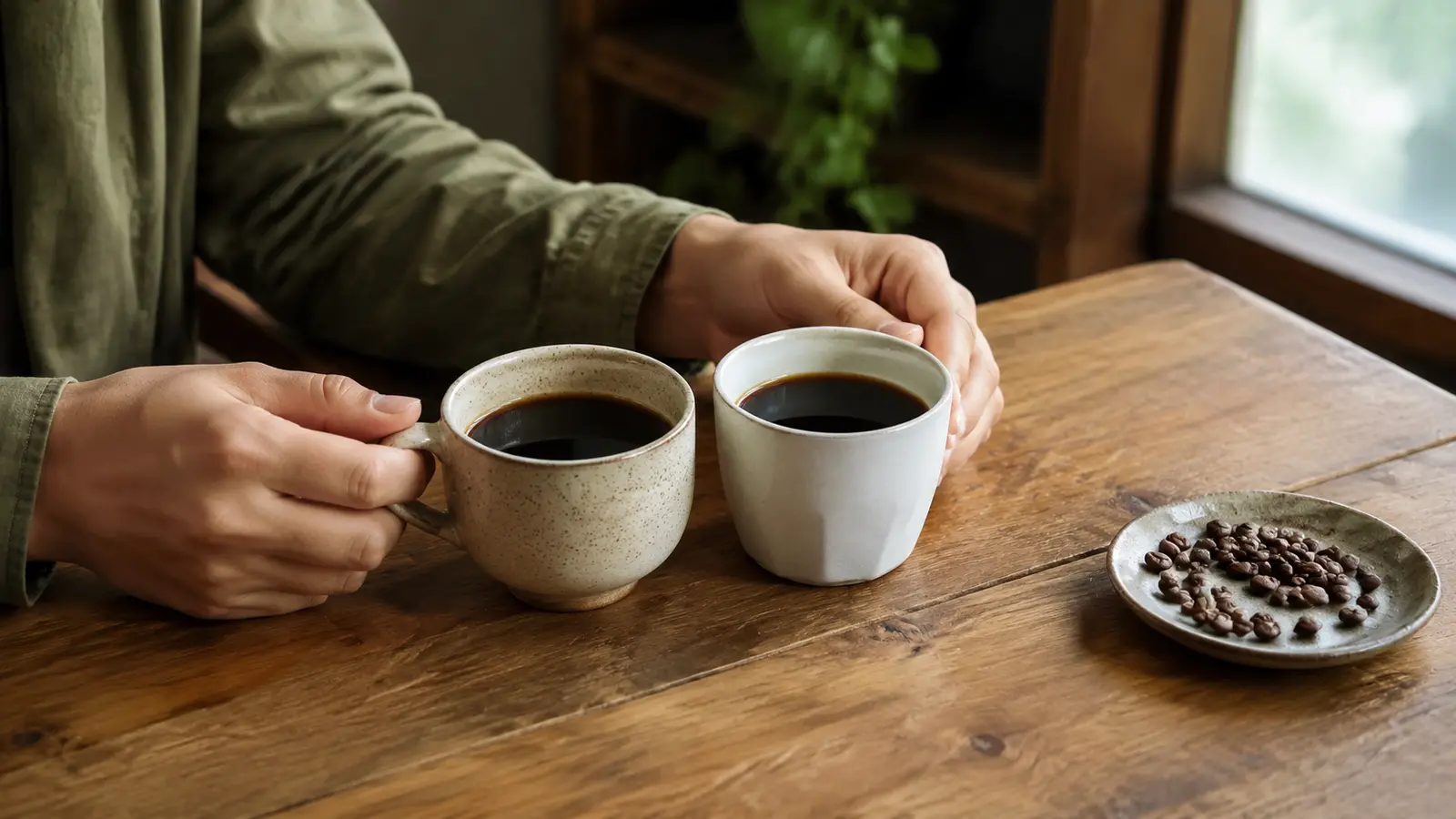 二杯のコーヒーをゆっくり飲み比べる様子