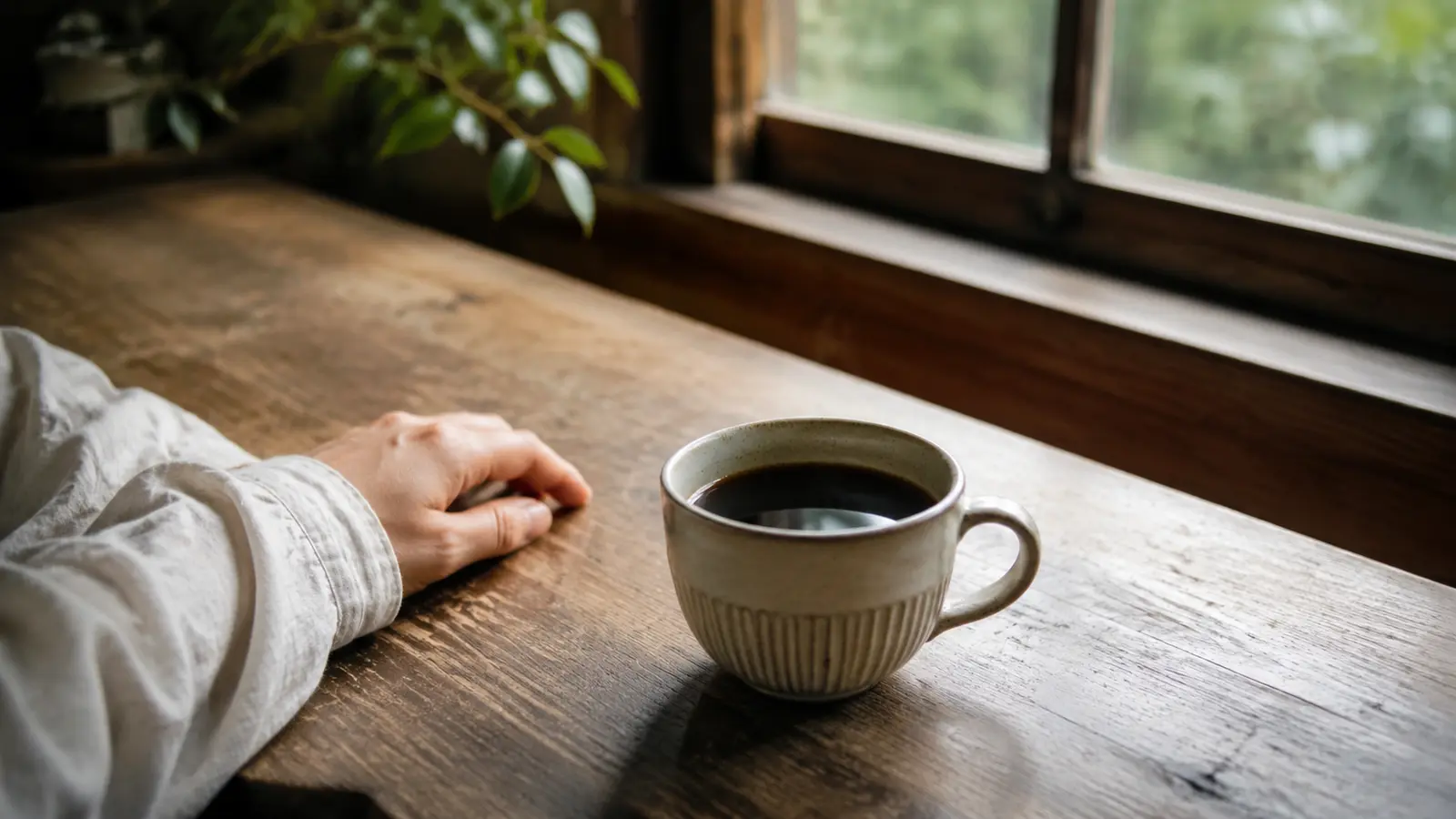 窓辺で自分好みの一杯と静かな時間を楽しむ様子