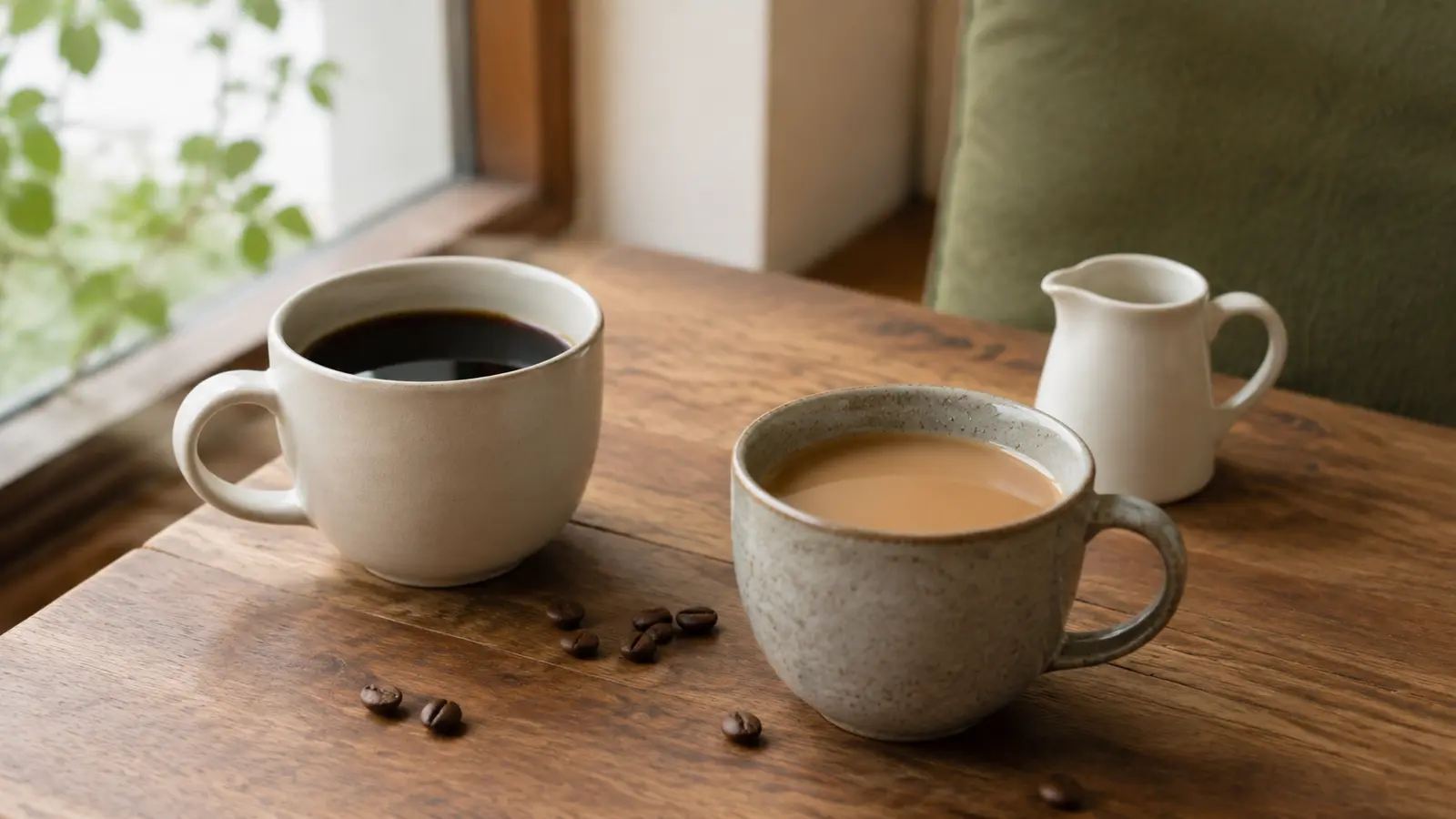 ブラックコーヒーとミルクを入れたコーヒー