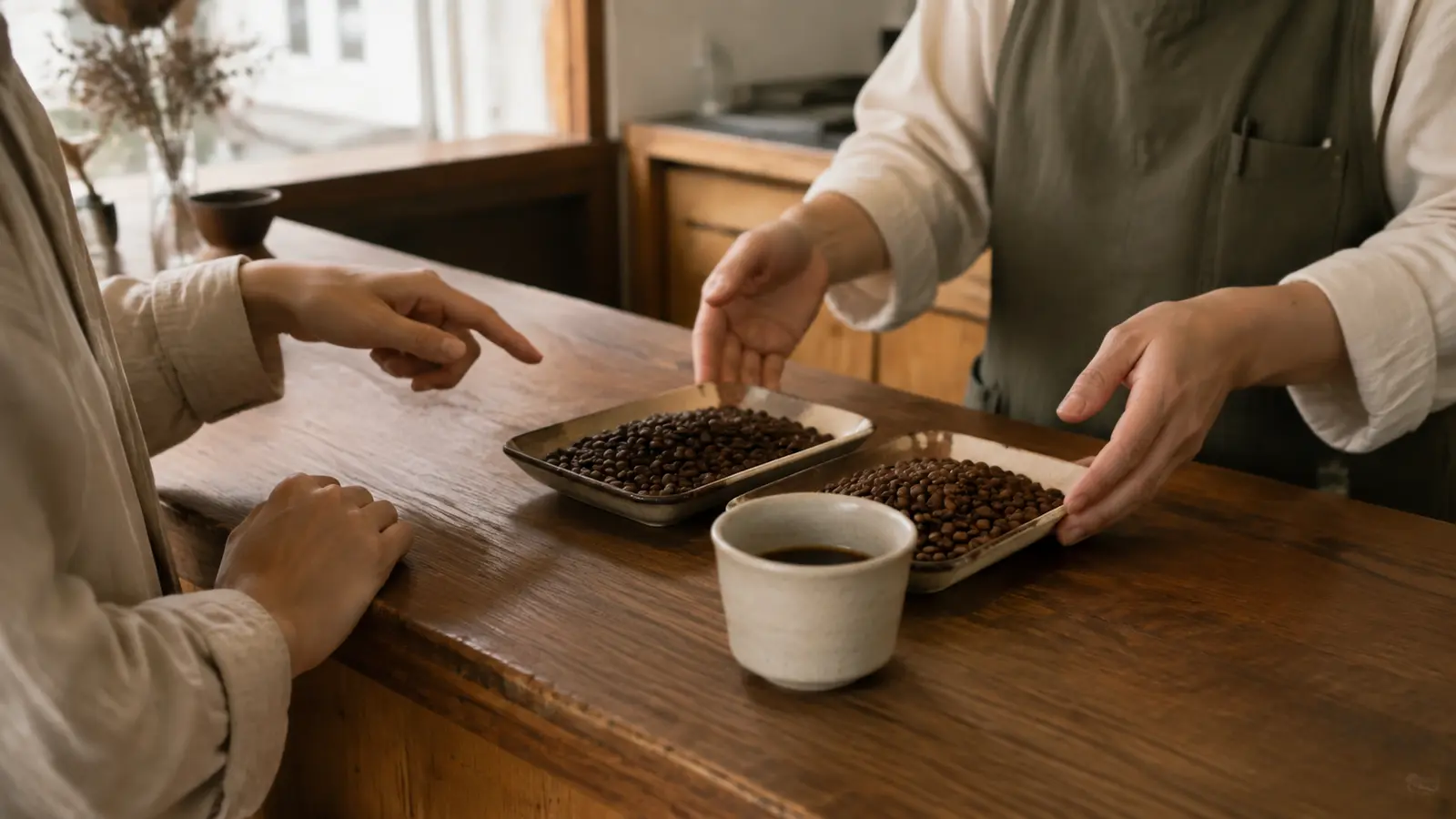 店頭で好みを相談しながらコーヒー豆を選ぶ様子