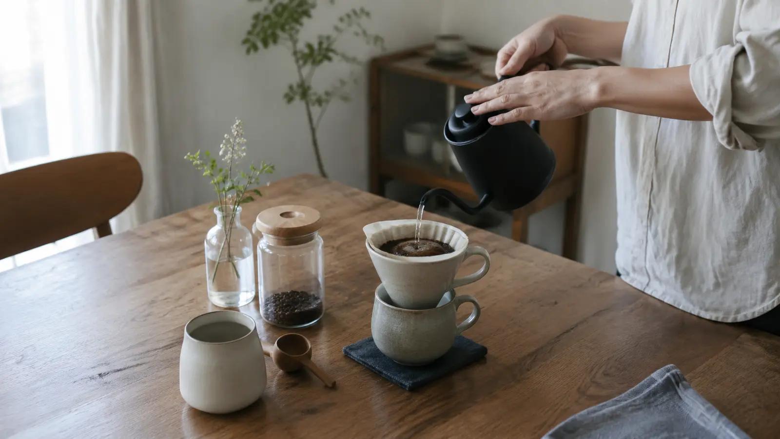 窓辺の木のテーブルで、ハンドドリップコーヒーを楽しむ様子