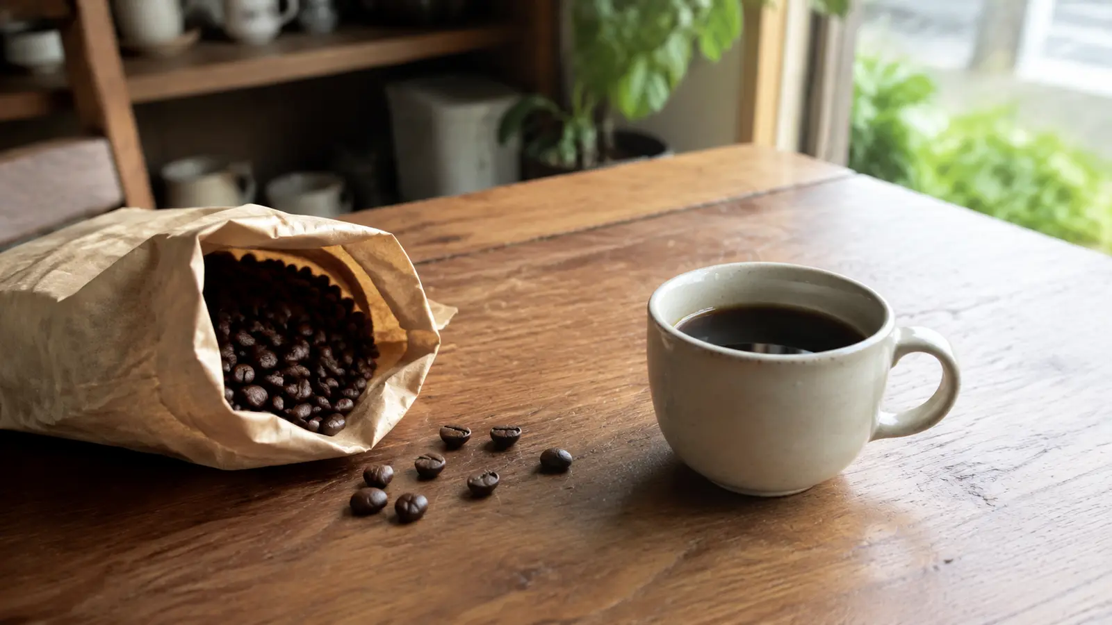 自然に広がった焙煎豆と淹れたてのコーヒー
