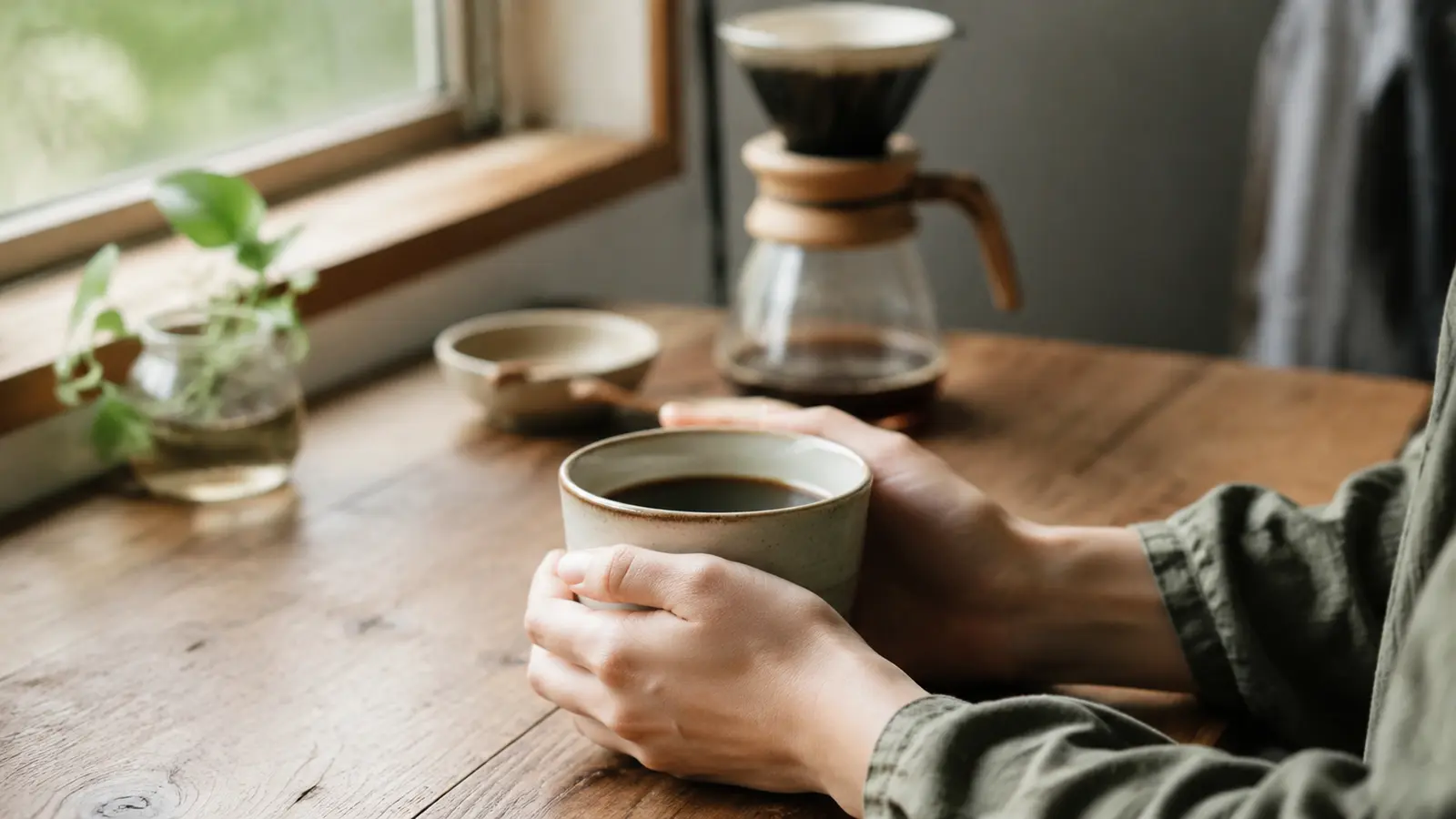 窓辺で自分のために淹れた一杯を楽しむ様子