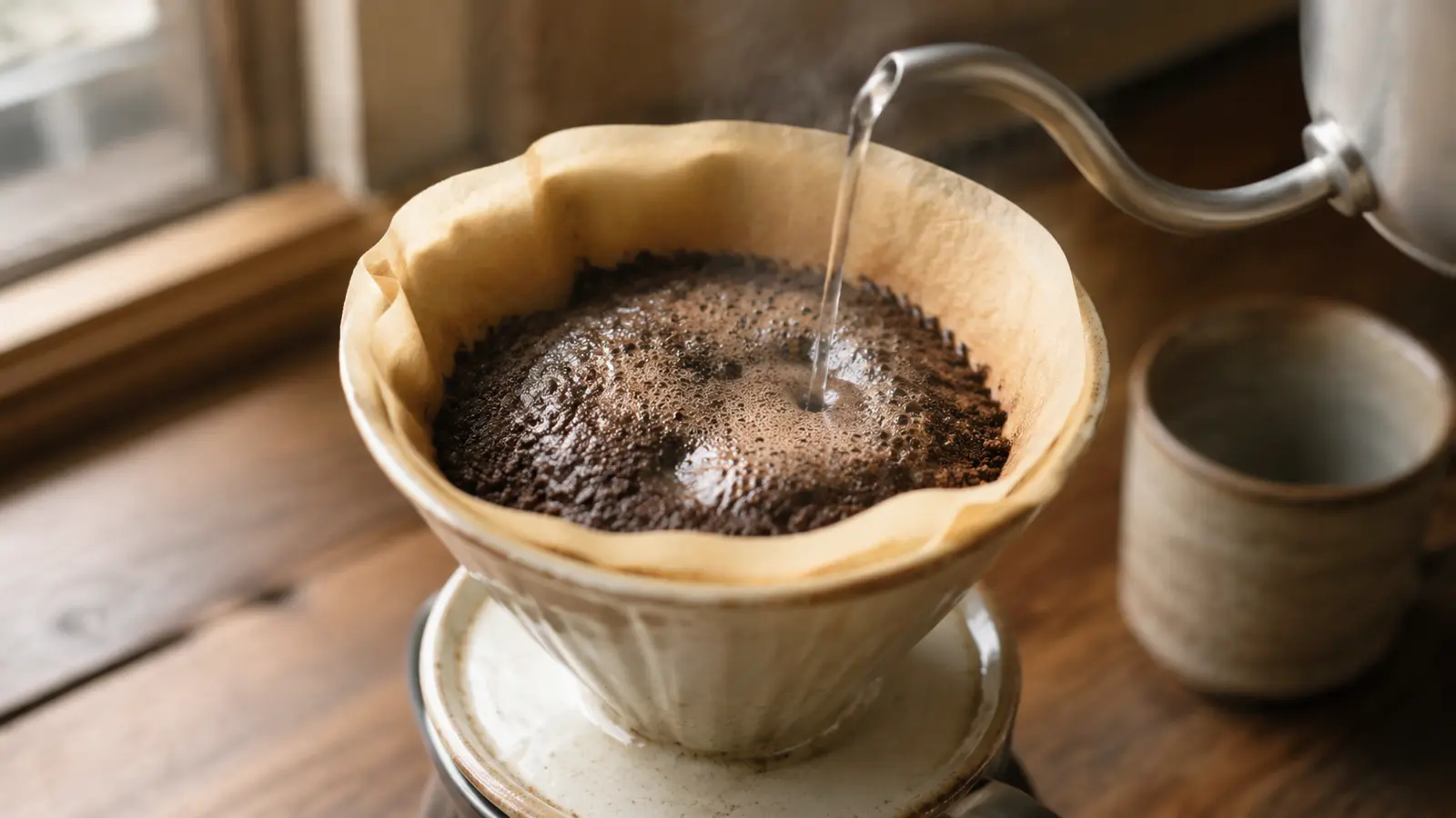 コーヒー粉全体へお湯を注いで蒸らしているところ
