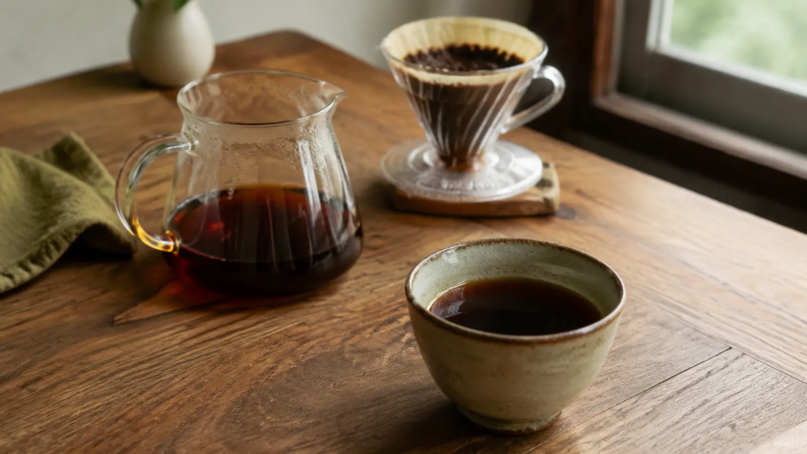 透明感のある淹れたてのコーヒーと使い終えたドリッパー