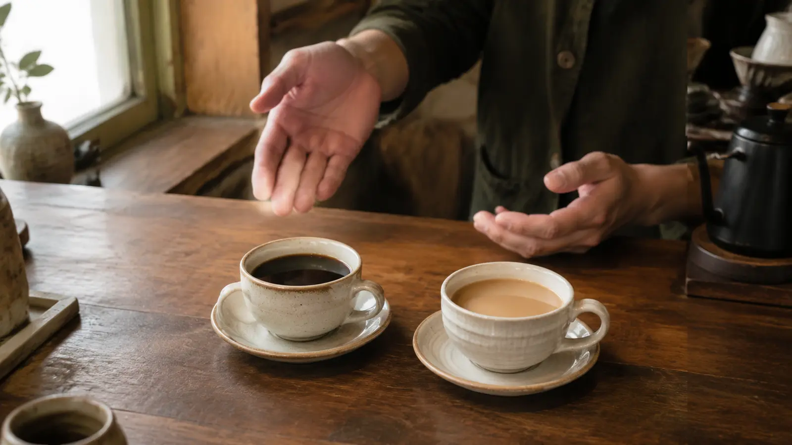 ブラックとミルク入りのコーヒーから好みを考える様子