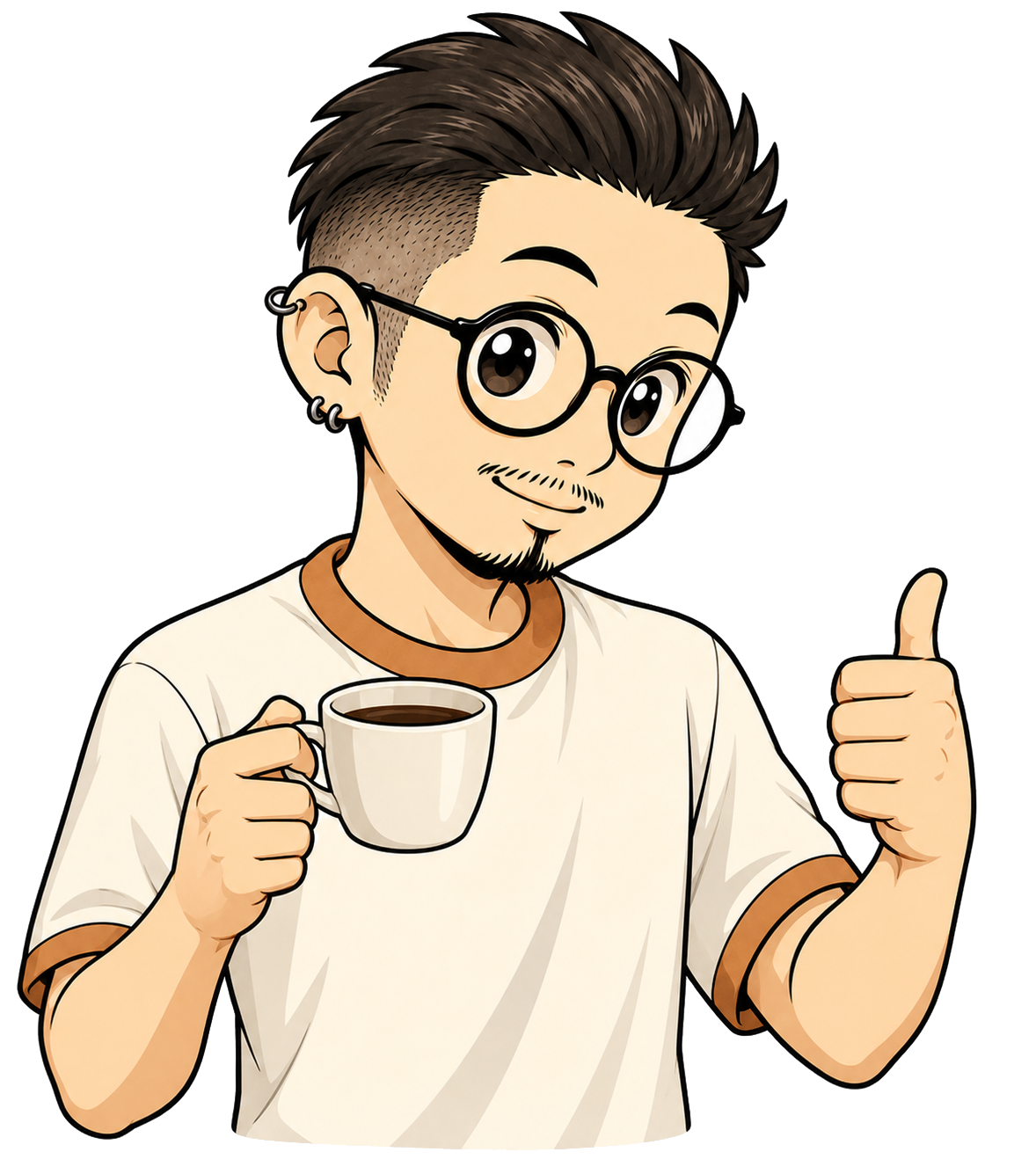 コーヒーカップを持って親指を立てる、かおゆた珈琲焙煎所の店主キャラクター