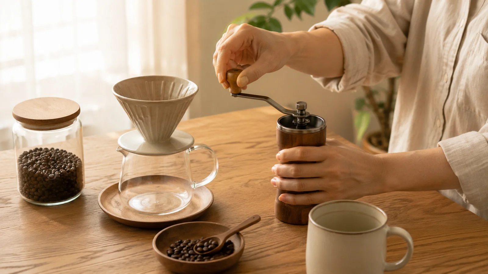 木のテーブルに置いた手挽きのコーヒーミル