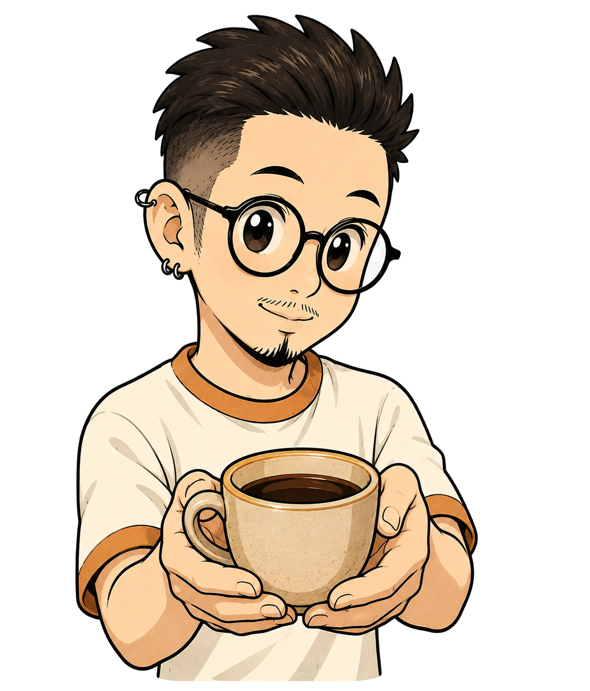 コーヒーカップを差し出す、かおゆた珈琲焙煎所の店主キャラクター